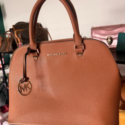 Michael Kors Saffiano Leather Satchel Handbag Brown Luggage Gold Hardware MK