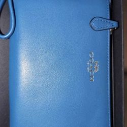 Coach Crossgrain Leather Large Wristlet Wallet Bright Blue