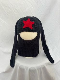 Black knit bunny ear crochet balaclava with red star