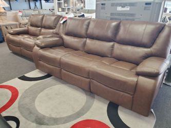Brown Leather Reclining Sofa and Loveseat Set