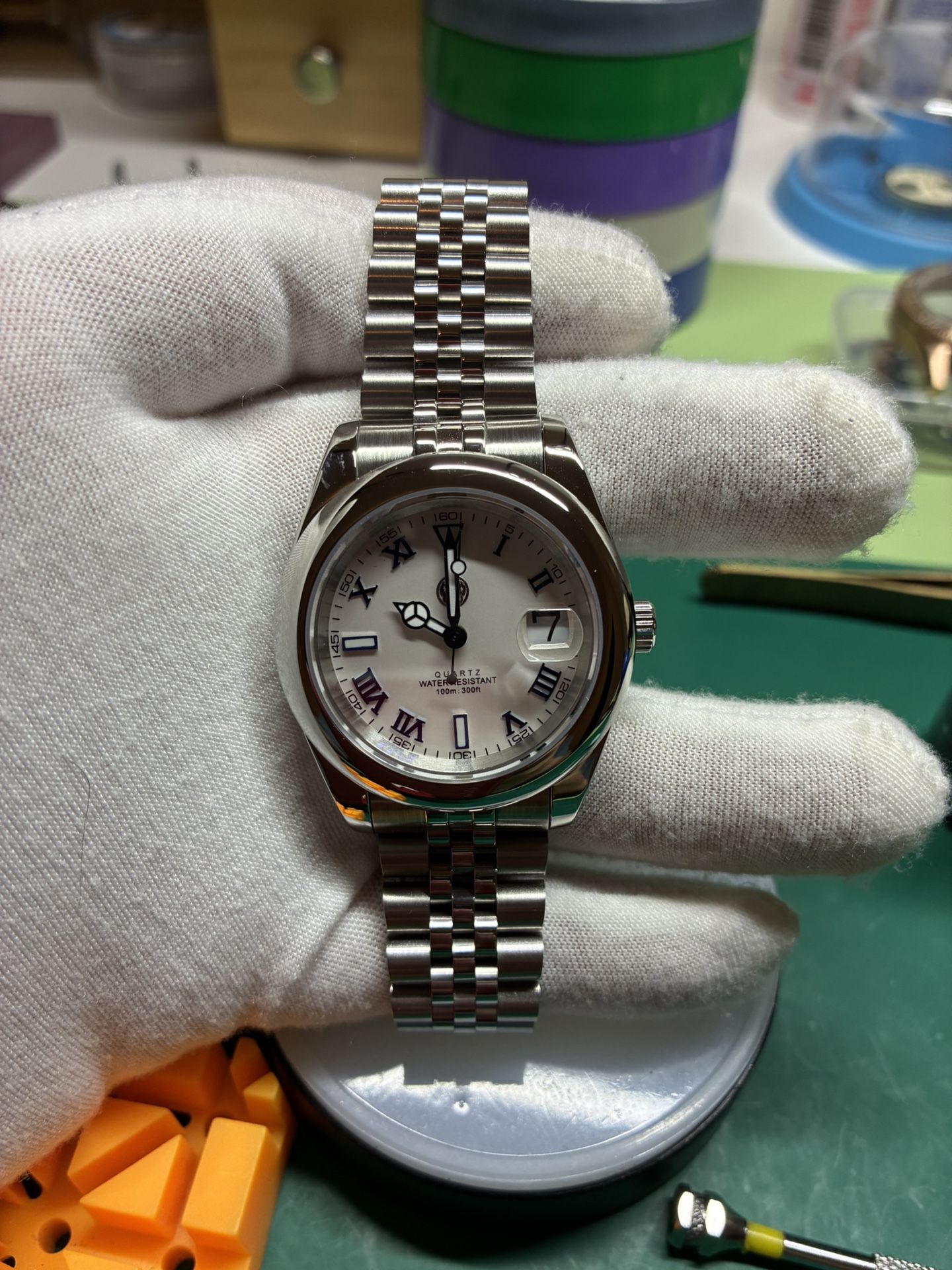 Custom White Dial Blue Indices Quartz Watch