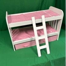 New, Firm, Badger Basket Doll Bunk Bed with Polka Dot Bedding and Ladder – White/Pink with under bed Baskets