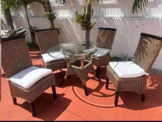 5-Piece Wicker Patio Dining Set with Glass Top Table & Cushions