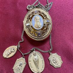 Vintage Vatican Library Collection Gold-Tone Religious Jewelry Case with 4-Medal Necklace