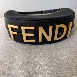 Fendi FF Black Shoulder Bag Handbag Purse Golden Letters 