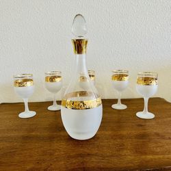 Vintage Italian Gold Trim wine glasses and Decanter (set of 6) (Real Gold)