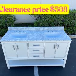 60”white double sink bathroom vanity with carrara white marble stone top