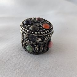 Vintage/Antique Pewter with Gemstones Rocks Pill/Ring Box 1.5" Round Gift Box