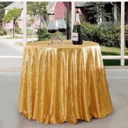 Gold Sequin Table Cloth Round 48 inch Glitter Shimmer Shiny Cover for Christmas Wedding Baby Shower Birthday Party Dinners Dessert Table Decoration