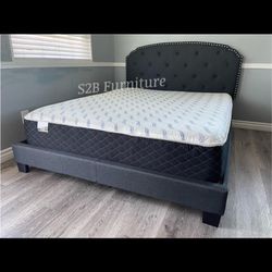 Queen Grey Burlap Bed With Ortho Mattress Included!!