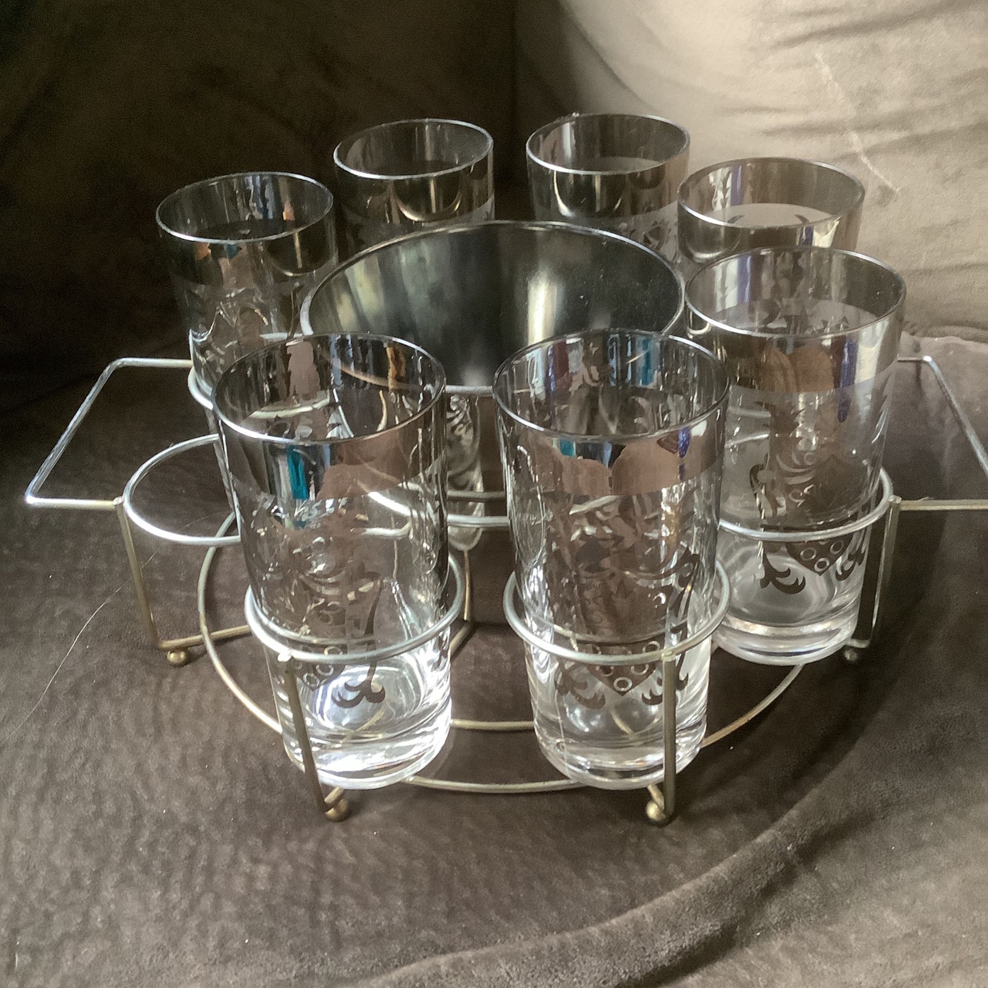 Vintage MCM Barware Lusterware Kimiko Guardian Highball Silver Crest Ice Bucket Set