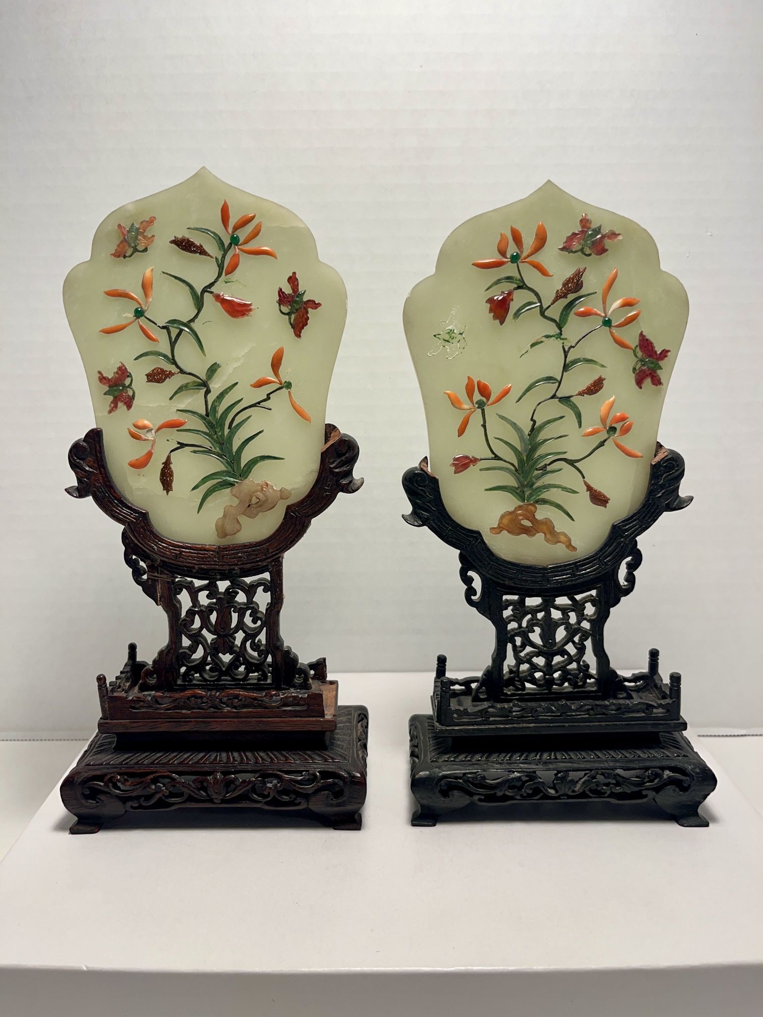 RARE 19th Century Pair of Chinese Jade Stone Table Screens