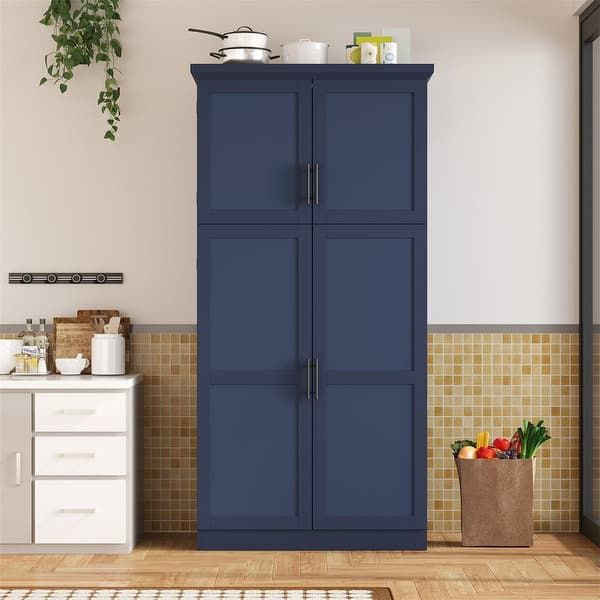 70.9 in. Freestanding Kitchen Pantry Cabinet with 4-Doors, 2-Door Shelves, 8-Pull-out Trays and Adjustable Shelf, Blue