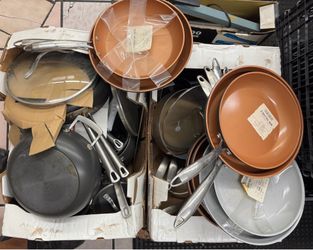 BOX OF POTS / FRYING PANS.