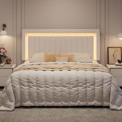 Full Size Velvet Bed Frame with LED Light, Adjustable Vertical Channel Tufted Headboard, Strong Wooden Slats Support, Noise-Free, No Box Spring Needed