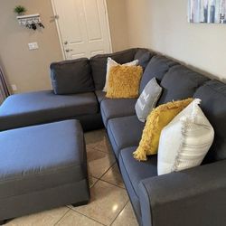 Beautiful Charcoal Grey Sectional Couch with matching ottoman
