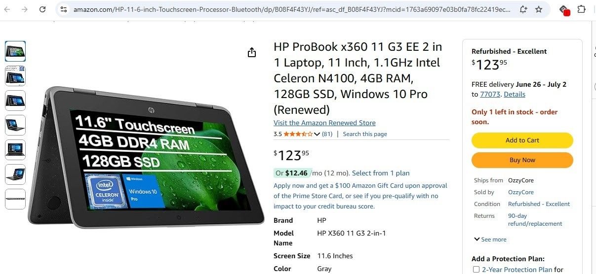 HP ProBook x360 11 G3 EE 2 in 1 Laptop, 11 Inch, 1.1GHz Intel Celeron N4100, 4GB RAM, 128GB SSD, Windows 11 Pro