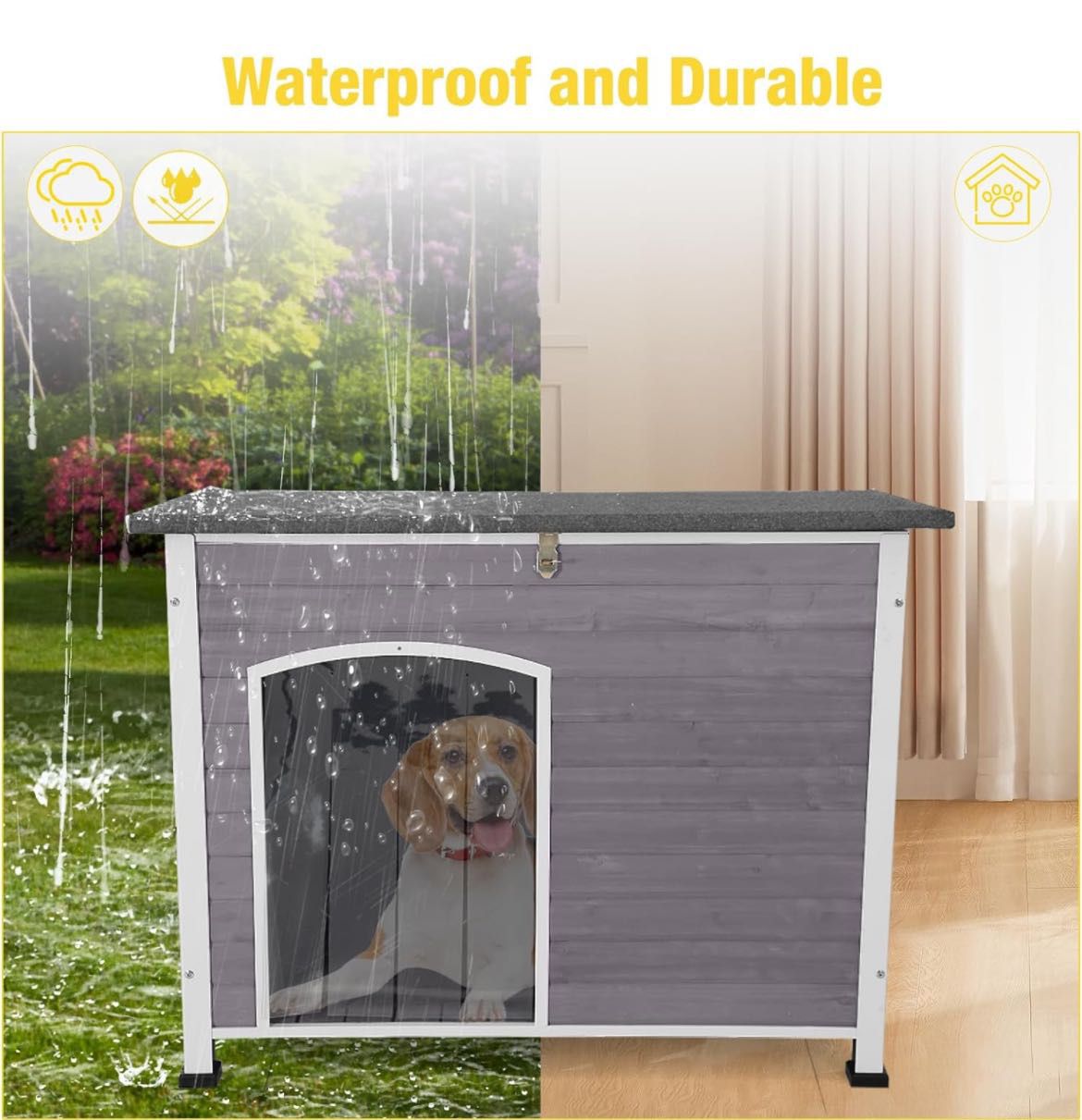 😀 Insulated Wooden Dog Kennel Dog House with PVC Curtain and Removable Floor for Easy Cleaning (Large) 