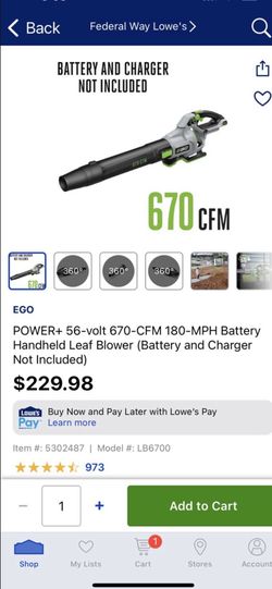 POWER+ 56-volt 670-CFM 180-MPH Battery Handheld Leaf Blower (Battery and Charger Not Included) $180