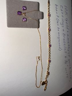 10 karat gold and amethyst necklace, earrings, and bracelet 10 karat gold and amethyst necklace, earrings, and bracelet