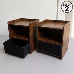 New In Box Set Of 2 Rustic Brown Color Mini Nightstand Side Table With Cloth Drawer 