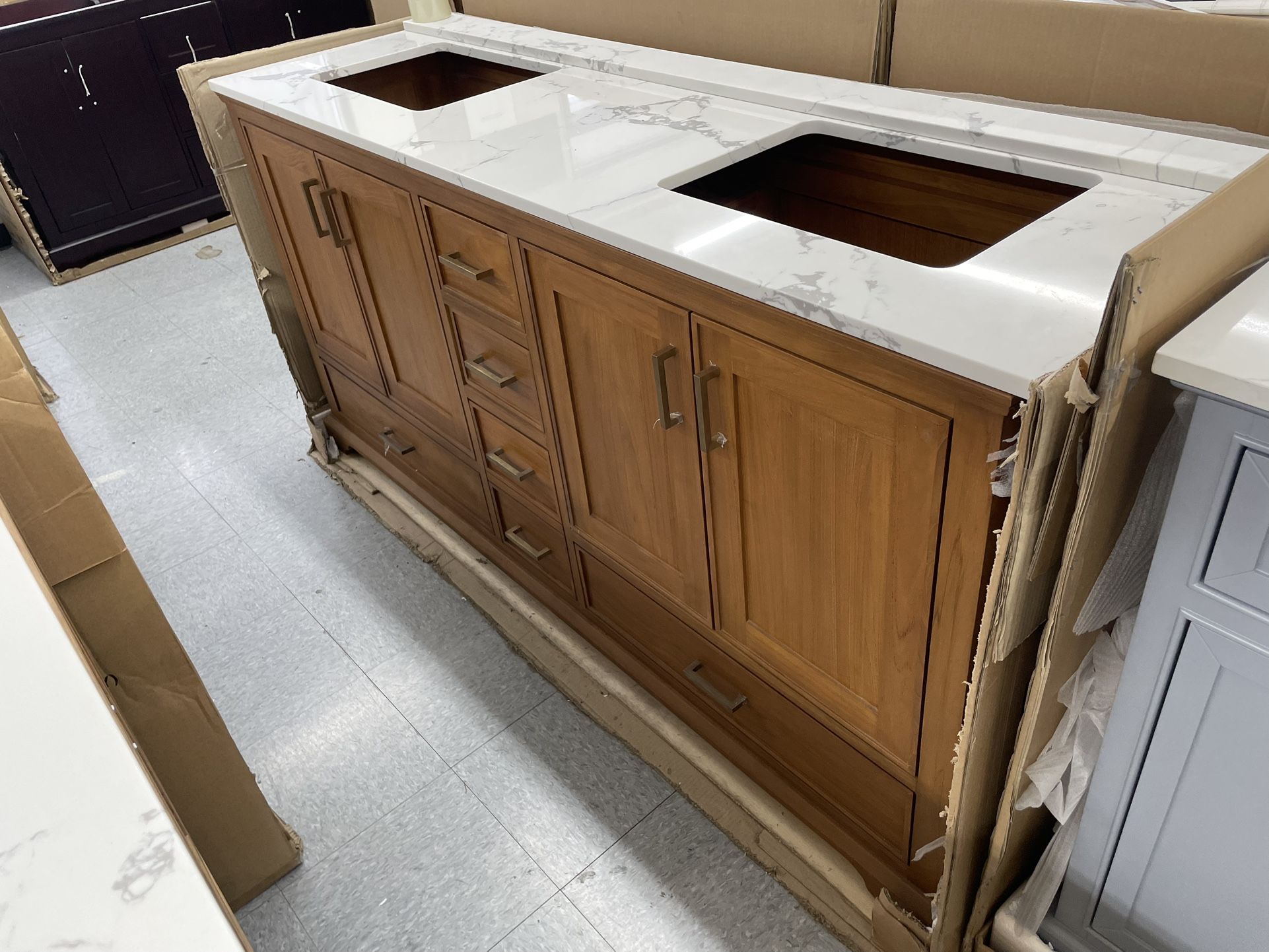 Bathroom Vanity Cabinet 72” Solid Teak Quartz Top With Sink And Backsplash