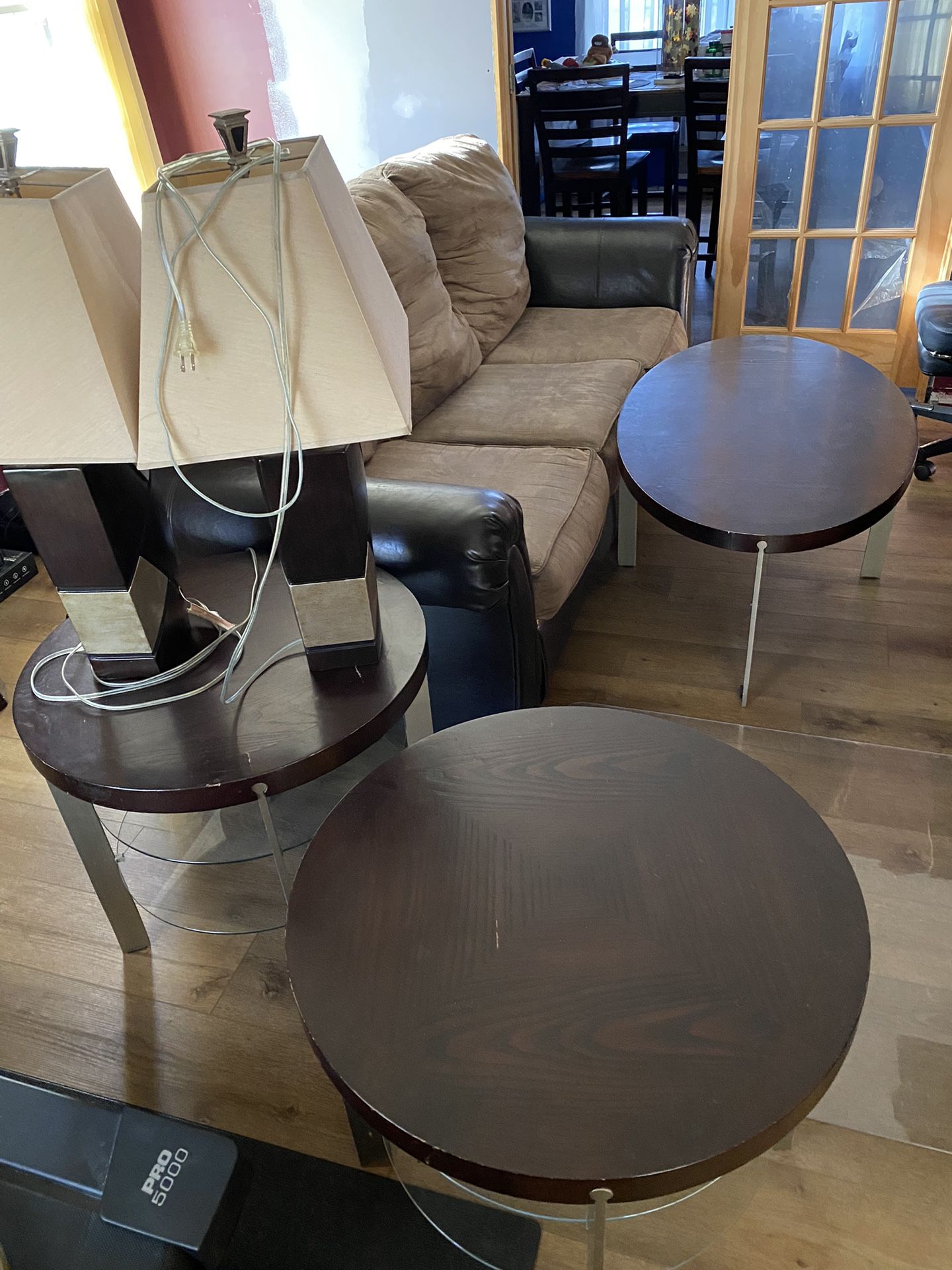 Ashley Furniture…Couch, Chair with footstool, Coffee Table, 2 Side Tables with glass shelves, 2 lamps