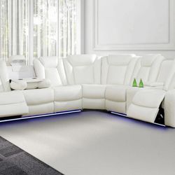 Power Electric White Leather Fully Reclining Sectional Couch 
