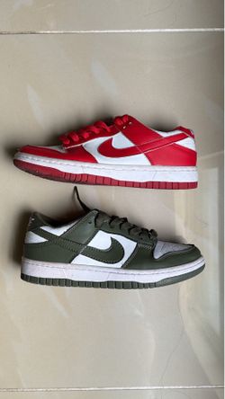 Red and Army green Nike shoes