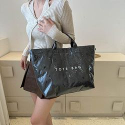 Vintage Washed Dupont Paper Large Tote Bag, Minimalist Letter‑Print Transparent PVC‑Coated Handbag