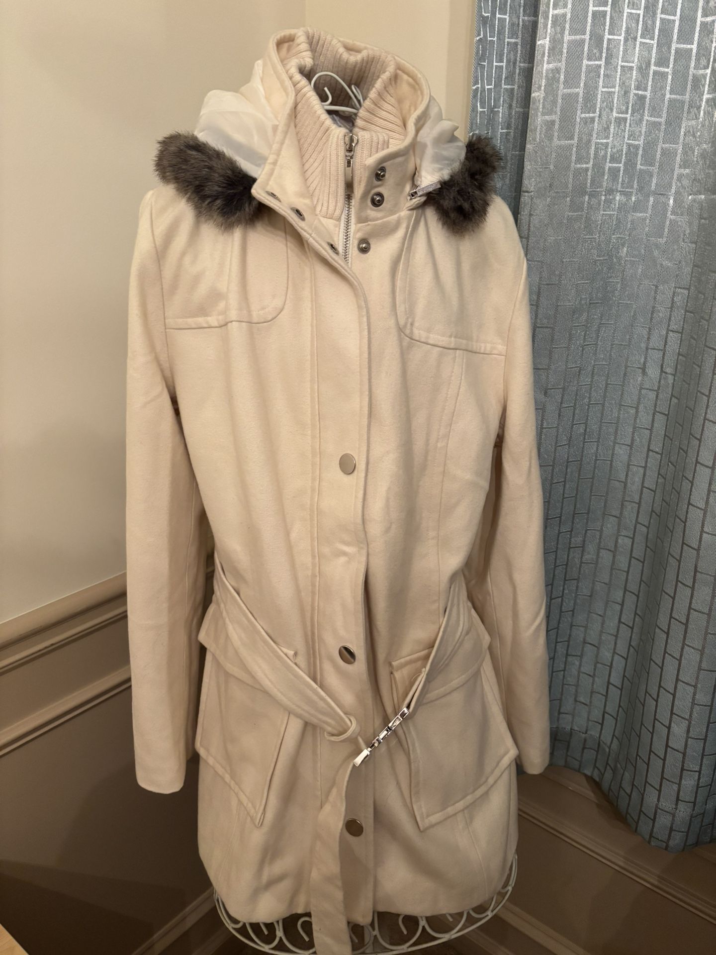 Charter Club Cream Wool Coat with Detachable Faux Fur Trim Hood