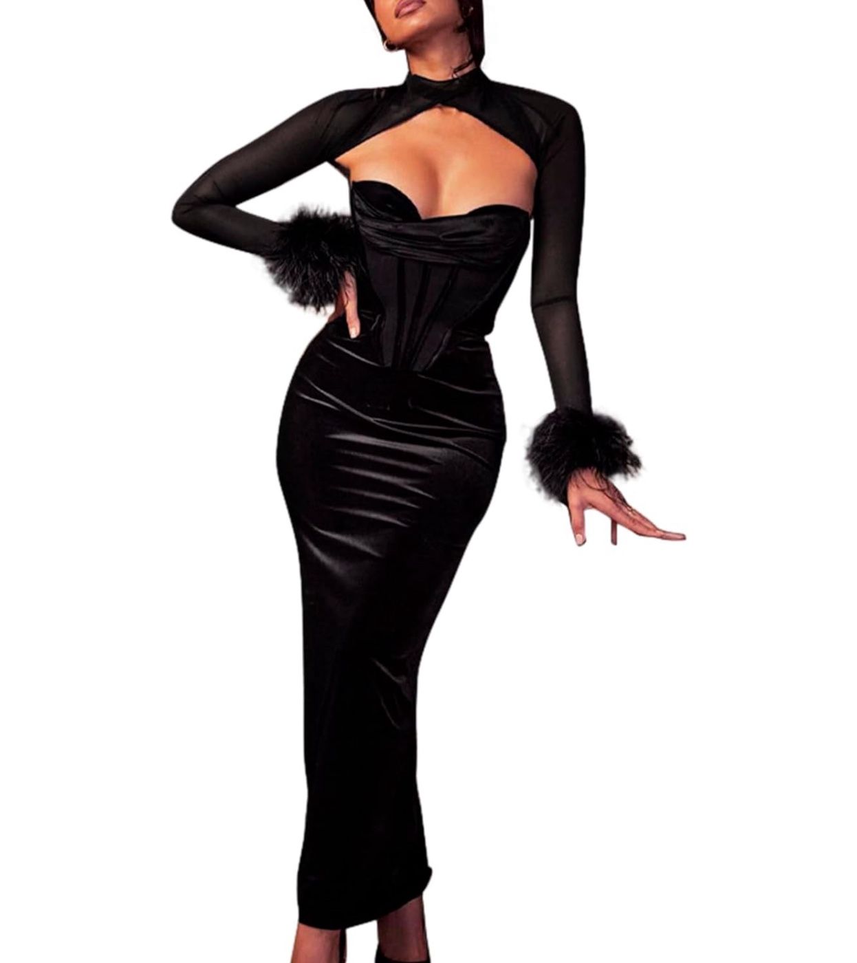 Women's Feather Long Sleeve Bodycon Maxi Dress Mesh Velvet Hollow Out Bandage Dr