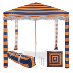 Premium Beach Cabana - Umbrellissimo Navy & Orange. Includes Sand Anchor, Designer Canvas Prints & Fringe finishes, Sand Pockets, pegs, Matching Carry