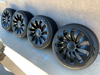 21’ Inch Tesla Model Y Rims “OEM” Satin Black Wheels With Pirelli Pzero Tires 5x114
