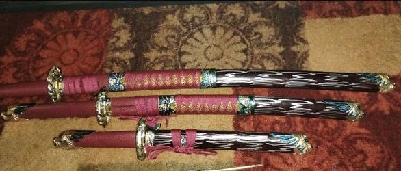 Dragon Katana 3 Sword Set - Brown & Silver Wave - Pink Handle - Longest Missing Mini Knife but Has Hair Pin - Display Swords