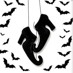 Halloween Witch Shoes Hanging Ornament 3D Witch Boot Decor with 24Pcs Bats