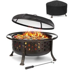 SINGLYFIRE 36 Inch Fire Pits for Outside with Cover Large Outdoor Wood Burning Firepit with BBQ Grill Grate Log Grate Poker Heavy Duty Steel Bronze