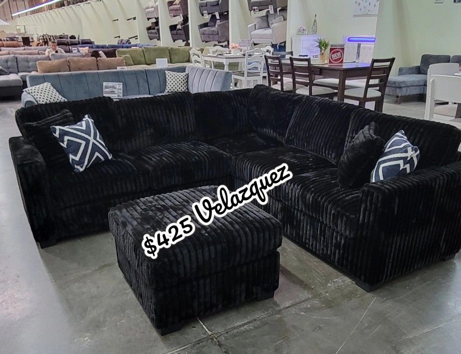 ✅️✅️4 pc black corduroy fabric upholstered sectional sofa with ottoman✅️