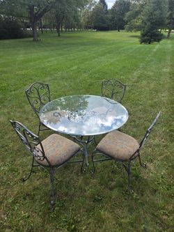 Vintage Ornate Cast Iron Patio Bistro set with Round Glass Top