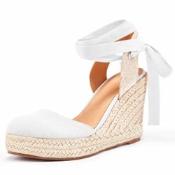 White Espadrille Wedge Sandals with Ankle Tie