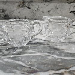 Vintage Floral Cut Crystal Double Handled Open Sugar Bowl & Creamer