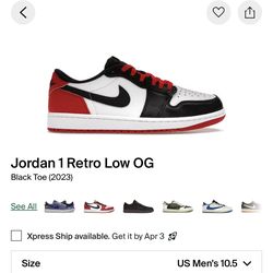 Jordan 1 Retro Low OG “Black Toe” (2023) Size 10.5