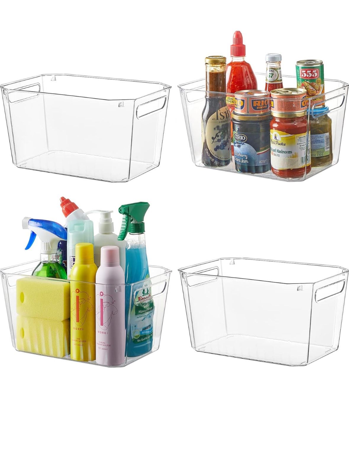 4pcs Large Storage Organizer Bins for Pantry Kitchen, Clear Plastic Storage Basket Set with Handle for Laundryroom Bathroom Cabinet Countertop Organiz
