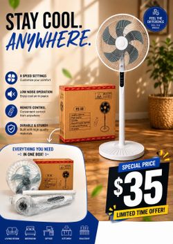 Fan 16inch Oscillating Pedestal Fans With 8 Speed Settings  and Remote Control- Floor Stand- White - Brand New