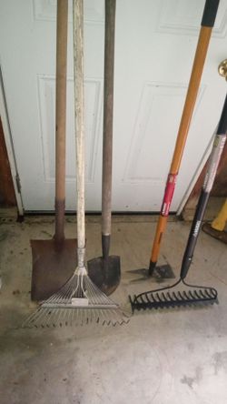 Lot of Garden Tools Shovels and Rakes