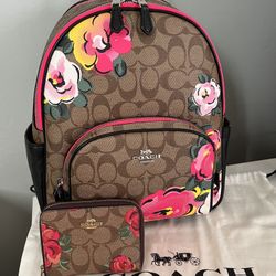 Coach Court Backpack In Signature Canvas With Vintage Rose Print And Wallet