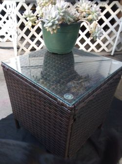 Outdoor Wicker Side Table with Glass Top