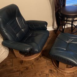 Blue Leather Recliner With Ottoman