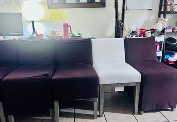 Set of 6 Upholstered Dining Chairs – Gray Wood Legs + Brown Stretch Slipcovers