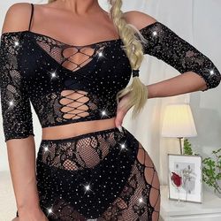 Cut Out Rhinestone Cold Shoulder Mesh Costume Set